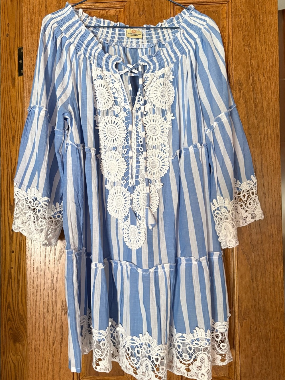 Women's Blue & White Striped Crochet Tunic Top
